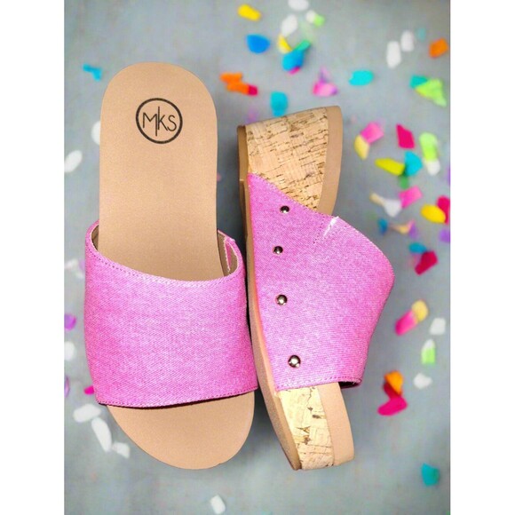 Women's Fuchsia Wedge Sandals With Cork Effect Platform - Picture 5 of 6